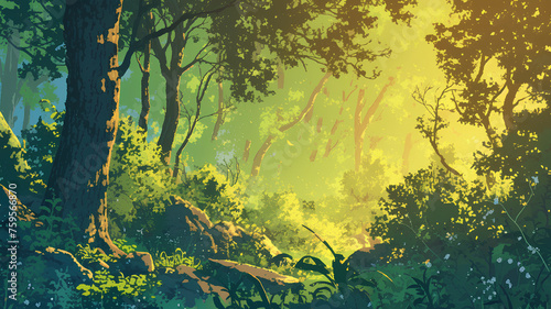 illustration of beautiful forest flora  sunlight coming in