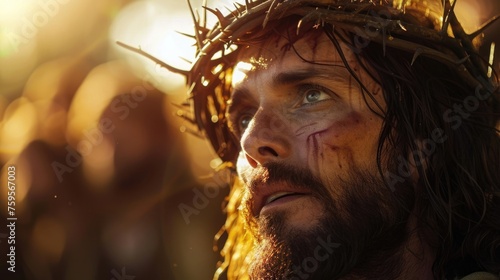 Portrait of Jesus Christ wearing a crown of thorns. Face of the son of god close up. Divine scripture concept. Bible times. Atoning sacrifice for human sins. Jewish preacher. Messiah.