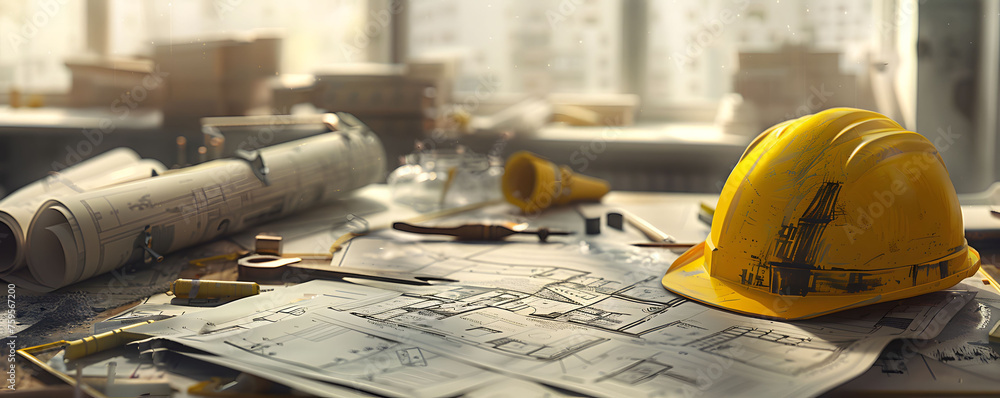 Construction blueprints and a yellow helmet placed against a construction site background, represent the concepts of construction planning and workplace safety. Construction blueprints and a yellow helmet placed against a construction site background, represent the concepts of construction planning and workplace safety.
