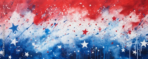Watercolor splashes in red and blue colors with stars. USA national holiday concept background.
