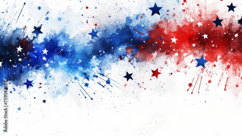 Watercolor splashes in red and blue colors with stars. USA national holiday concept background.