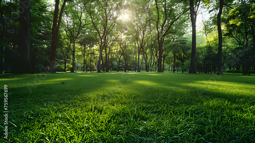 A peaceful green lawn and trees background with copyspace, perfect for nature-themed designs or relaxation concepts.
