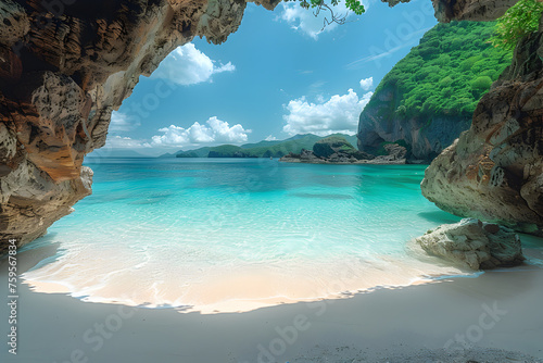 An archway rock formation and white sand beach are the background 5