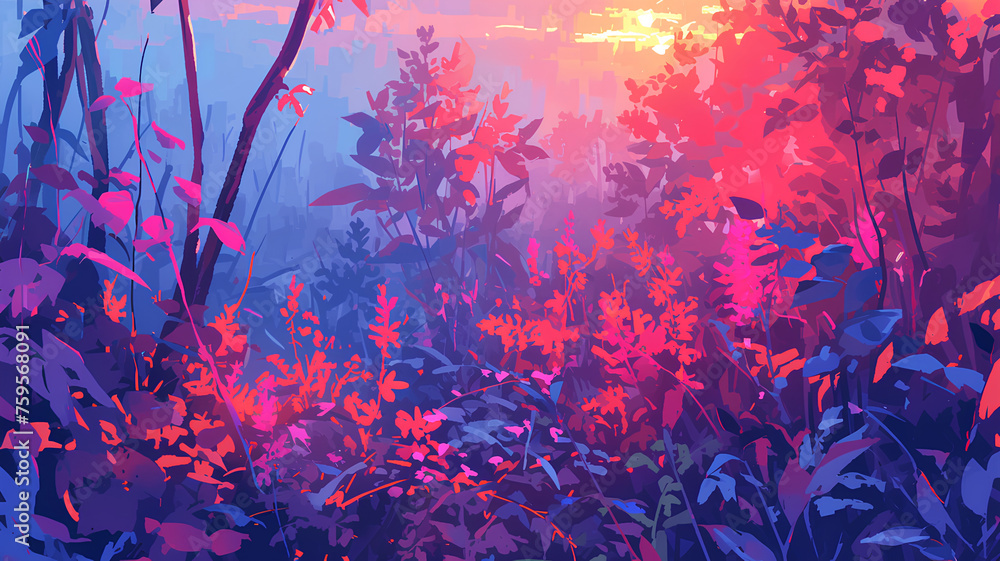 beautiful colored illustration of forest flora, sunlight coming in