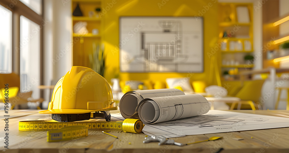 Construction blueprints and a yellow helmet placed against a construction site background, represent the concepts of construction planning and workplace safety. Construction blueprints and a yellow helmet placed against a construction site background, represent the concepts of construction planning and workplace safety.