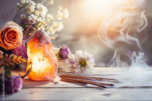 A close-up view of a salt lamp emitting light, placed among various colorful flowers and lit incense sticks. Copy space.