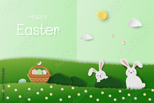 Happy Easter background with cute rabbits and easter eggs on paper cut and craft style
