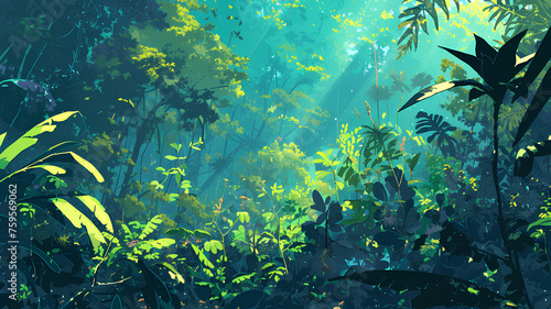 illustration of beautiful forest flora  sunlight coming in