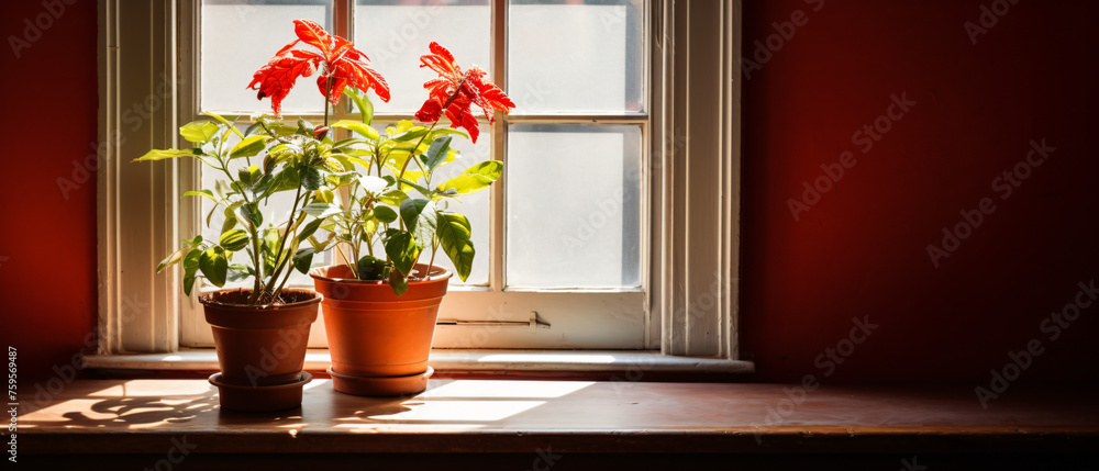 A red potted plant sitting on top of a window sill. ..