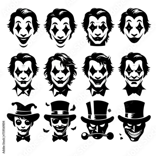 joker face silhouettes , joker cap set silhouette , joker face set silhouettes	
