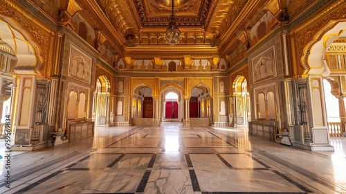 Portrait of the golden marble interior of a very magnificent royal golden palace with very clean floors and rooms