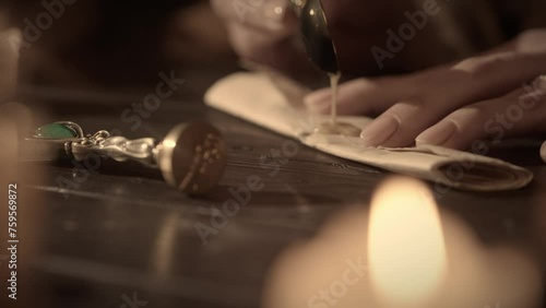 Female in antique costume at the desk. Woman in antique dress pours wax on rolled up letter and seals with ancient seal. photo