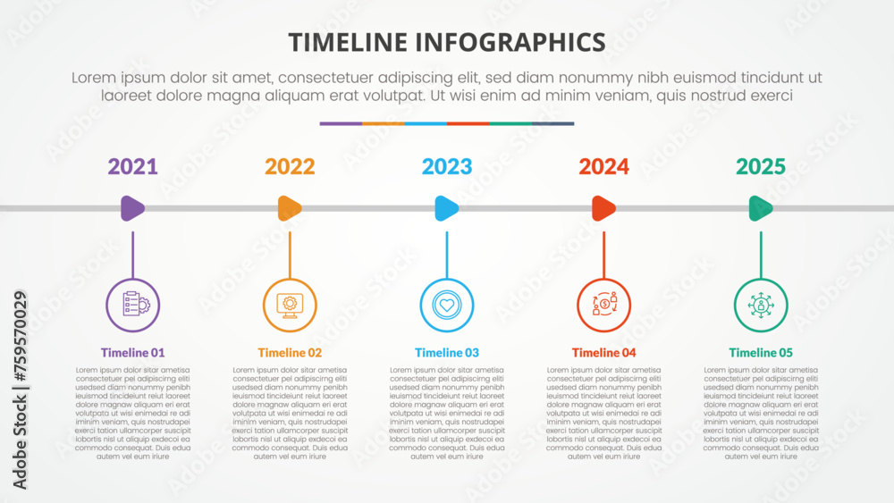 timeline milestone infographic concept with outline circle with arrow shape right direction for slide presentation with 5 point list - obrazy, fototapety, plakaty 