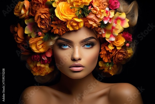 Female model with flowers in her face - generative ai © Nia™