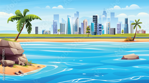Ocean beach panorama with small island and cityscape view. Tropical beach with city landscape background cartoon illustration photo