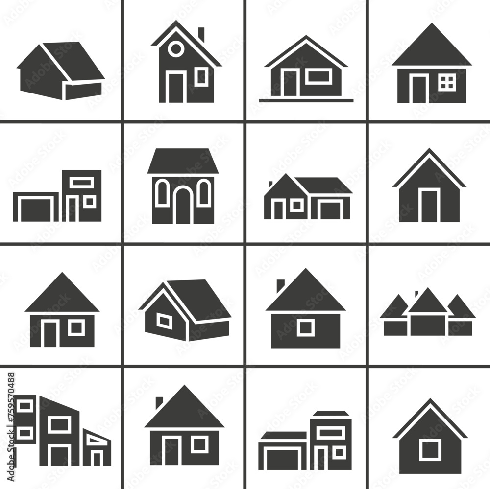 Collection of dark house icons. Houses and huts. Vector huts.