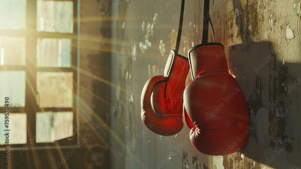 Red boxing gloves hanging on a rustic wall in sunlight.