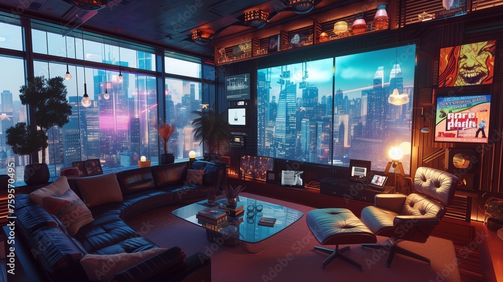 A sleek American retro-futuristic city skyline views A sleek American retro-futuristic city skyline views