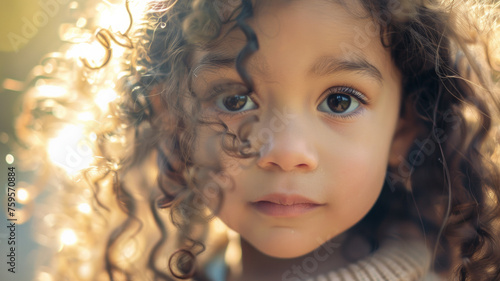 A young child with mesmerizing eyes amidst sunlit curls.