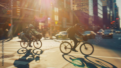 Urban cyclists in motion, capturing the dynamic energy of city life.