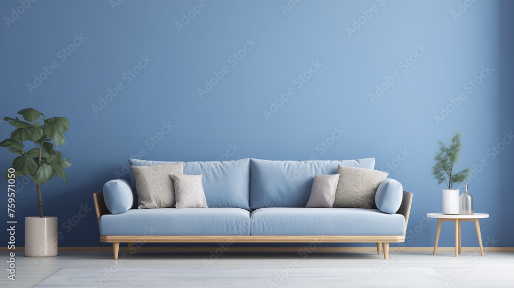 Fototapeta premium Minimalist sofa interior with empty blue background