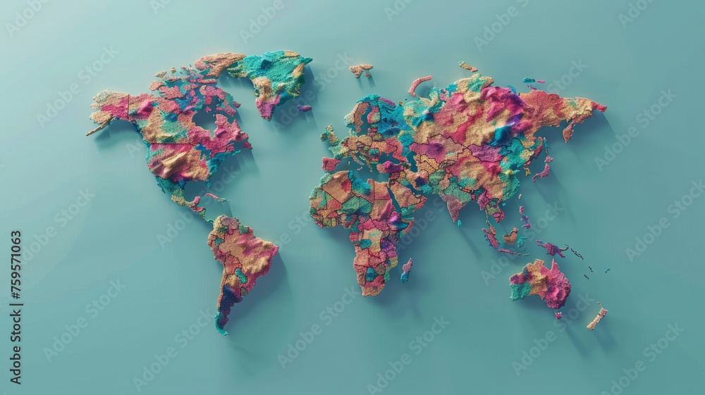Artistic rendering of a textured world map in vibrant colors, symbolizing diversity and connectivity. - obrazy, fototapety, plakaty 