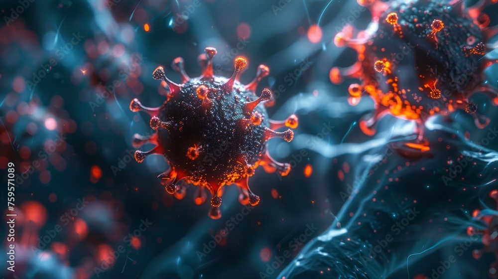 A macro illustration of the virus designed for medical context. Virus cells background - obrazy, fototapety, plakaty 