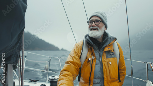 Elderly sailor in a yellow jacket looks off into the distance on a misty sea voyage.