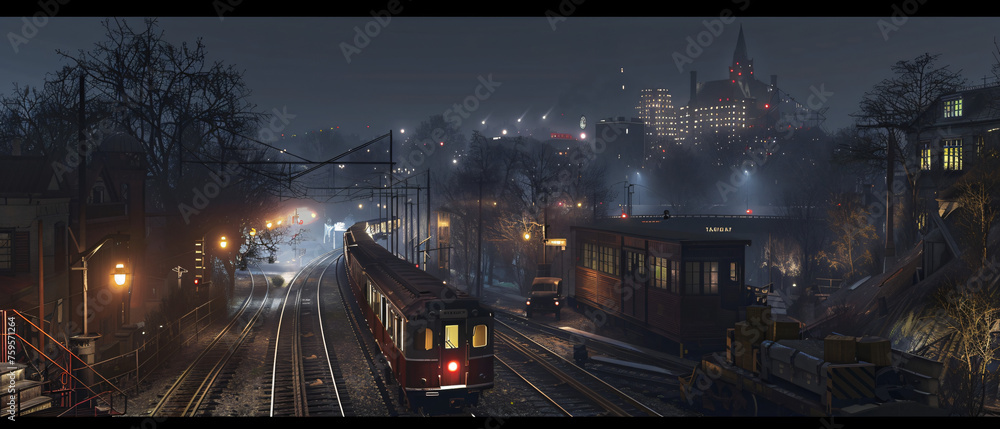 A train traveling down a train track at night with lights