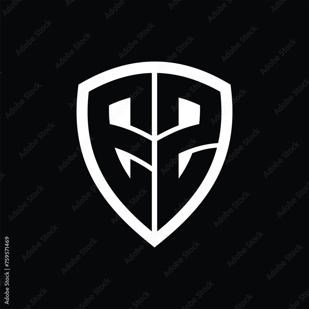 EZ monogram logo with bold letters shield shape with black and white color design EZ monogram logo with bold letters shield shape with black and white color design