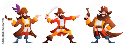 Pirates characters set. The pirate holds a compass and shows the direction, raises his blade to the top and points forward, holds a pistol in a brutal and treacherous pose. Cartoon vector.