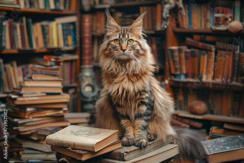 Majestic Long-Haired Cat Surrounded by Antique Books, Adding a Touch of Whimsy to the Library Setting. Perfect Image for Literature and Animal Enthusiasts