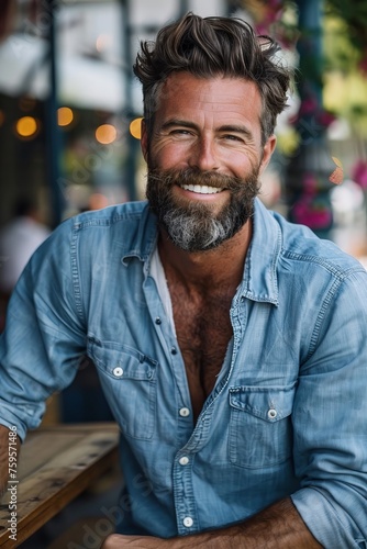 Handsome smiling, happy and pleased stoic man with positive vibes. Portrait of a joyful young man with beautiful hair and fashionable clothes. © MiniMaxi