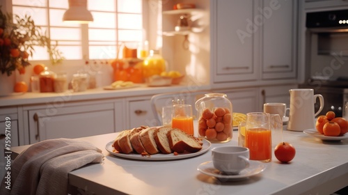 interior of small white kitchen with fresh fruit, two glasses of orange juice, baguette, red caviar, croissant and cookies with chocolate chips on the table
