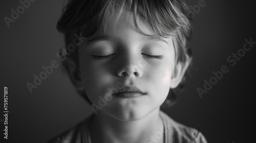 Black and white portrait of a little boy with his eyes closed. Generative AI