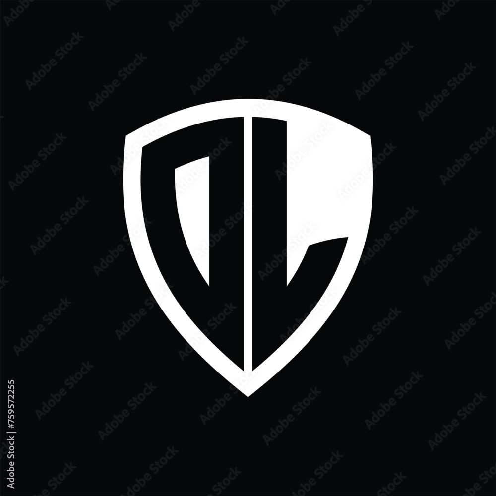 DL monogram logo with bold letters shield shape with black and white color design DL monogram logo with bold letters shield shape with black and white color design