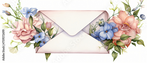 A watercolor drawing of an envelope with flowers 