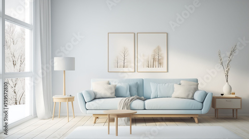 Living room interior with minimalist blue sofa