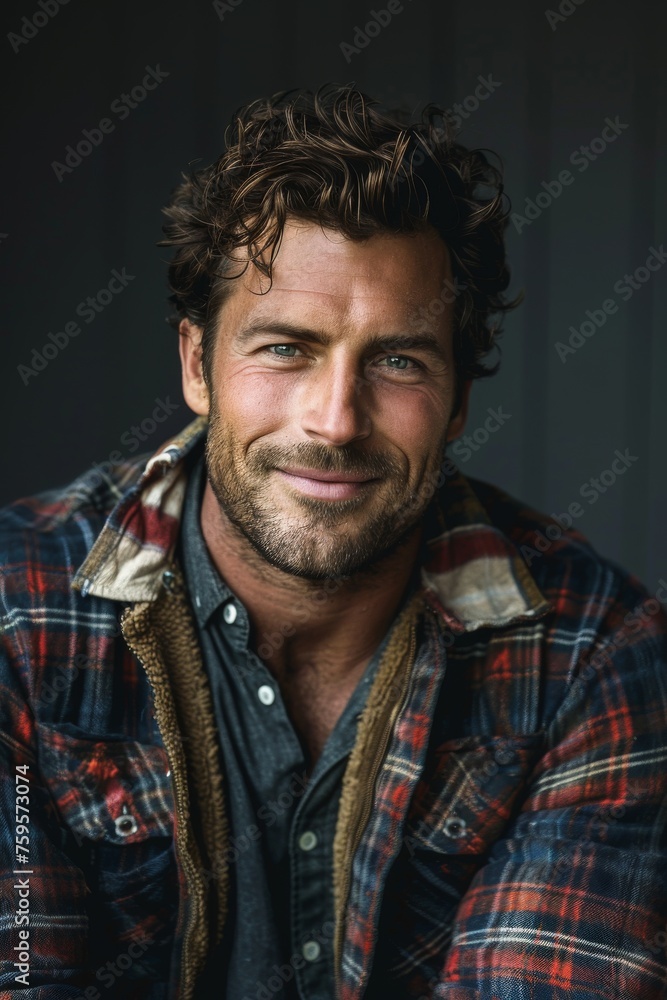 Obraz premium Handsome smiling, happy and pleased stoic man with positive vibes. Portrait of a joyful young man with beautiful hair and fashionable clothes.