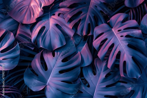Natural background with a tropical leaves and plants. Summer vibes in a dark blue-magenta colors. AI generative