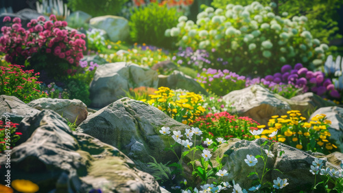 Lush garden with a diverse array of flowers and rocks bathed in enchanting sunlight.