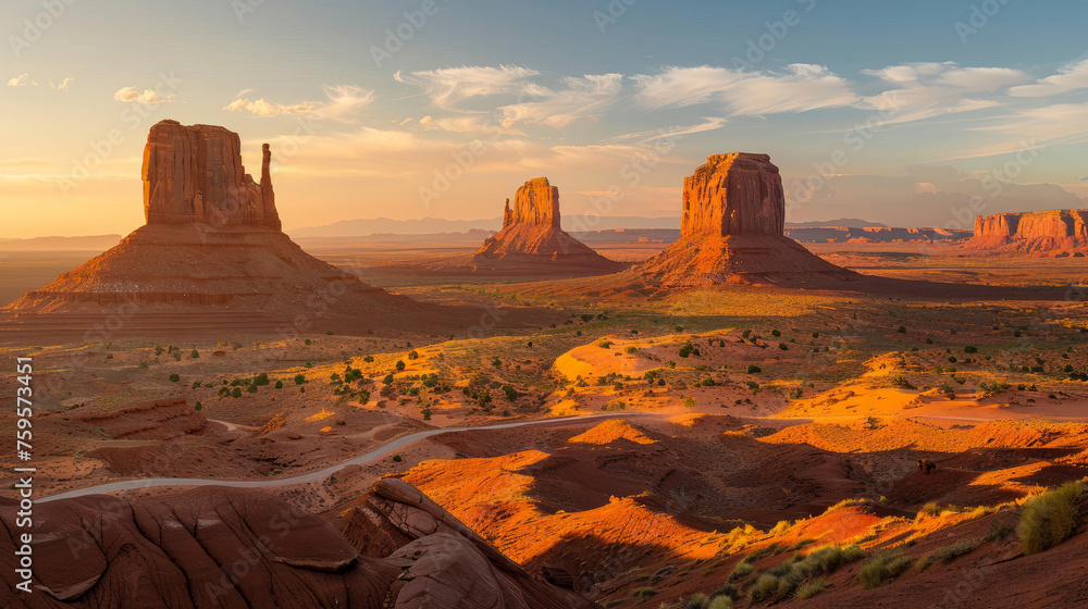 Classic panorama view of historic U.S. Route 163 running through famous Monument Valley in beautiful golden evening light at sunset on a beautiful sunny day with blue sky in summer, Utah, USA. 