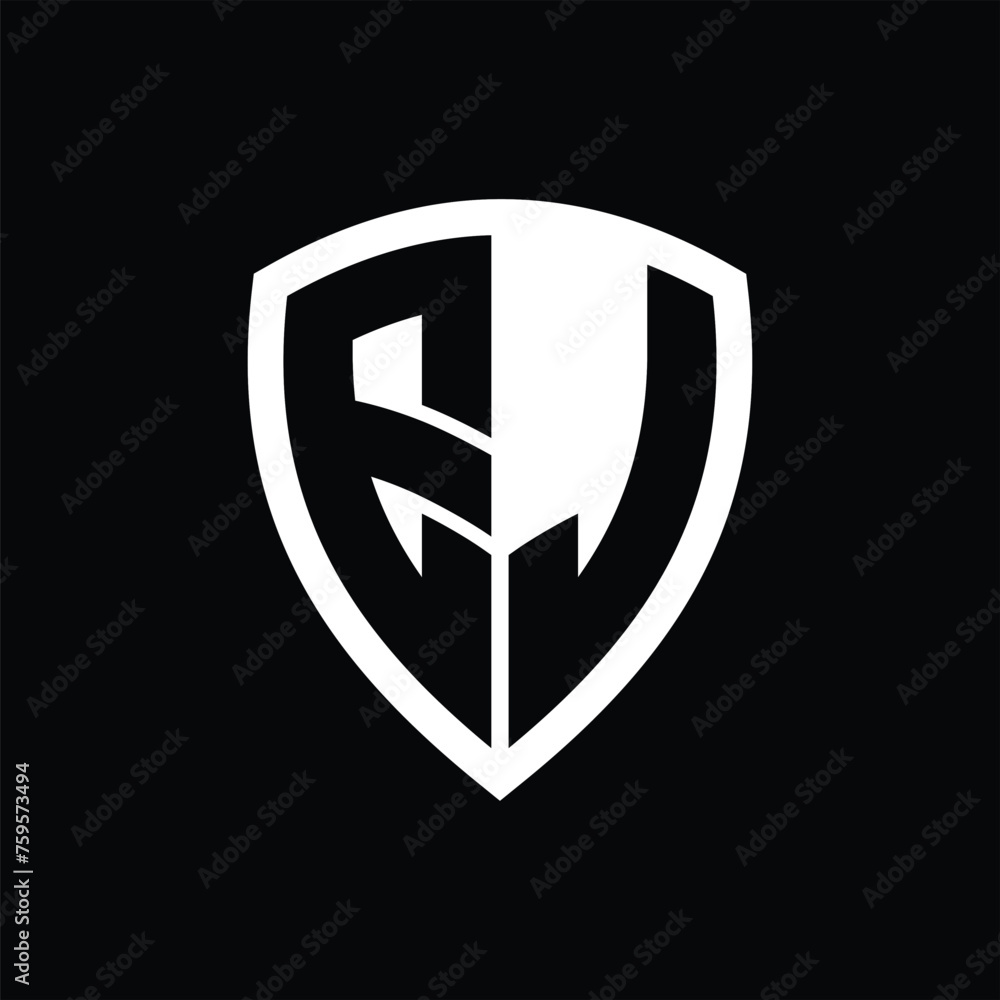 EJ monogram logo with bold letters shield shape with black and white color design EJ monogram logo with bold letters shield shape with black and white color design