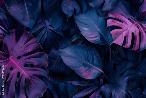 Natural background with a tropical leaves and plants. Summer vibes in a dark blue-magenta colors. AI generative © tiena