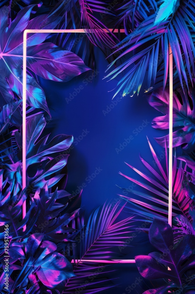 Natural background with a neon frame, tropical leaves and plants. Summer vibes in a dark blue-magenta colors. AI generative Natural background with a neon frame, tropical leaves and plants. Summer vibes in a dark blue-magenta colors. AI generative