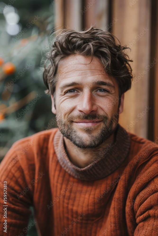 Obraz premium Handsome smiling, happy and pleased stoic man with positive vibes. Portrait of a joyful young man with beautiful hair and fashionable clothes.