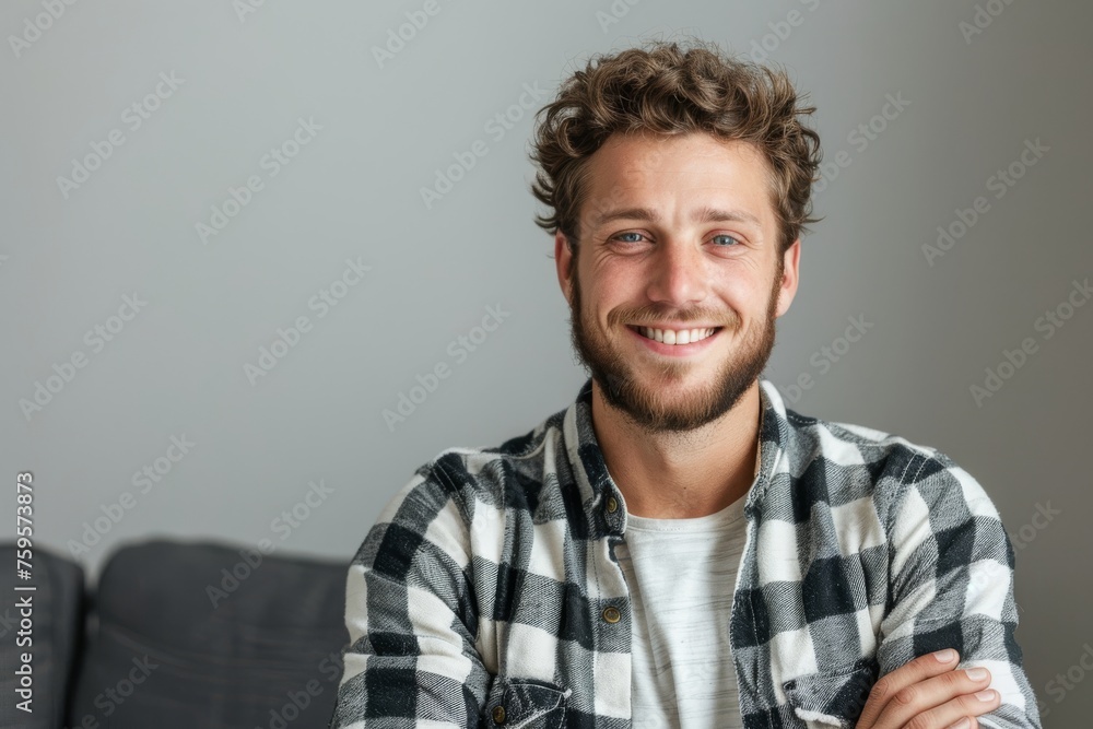 Obraz premium Handsome smiling, happy and pleased stoic man with positive vibes. Portrait of a joyful young man with beautiful hair and fashionable clothes.