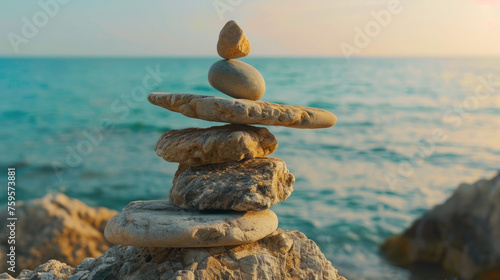Concept of harmony and balance. Balance stones against the sea. Rock zen in the form of scales. Generative AI photo