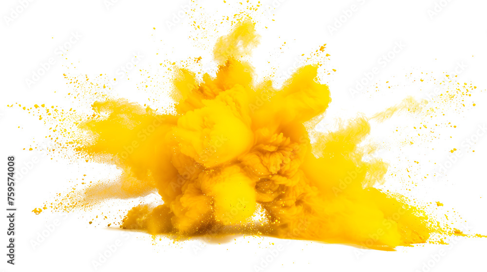 yellow powder explosion cloud isolated on white background - obrazy, fototapety, plakaty 
