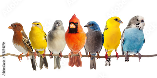 A variety of colourful birds perched on a branch on a transparent background